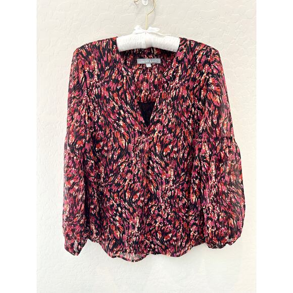 ANTHROPOLOGIE | Sarah Hann Feather Print Semi Sheer Metallic Peasant Blouse | XS - Picture 2 of 8